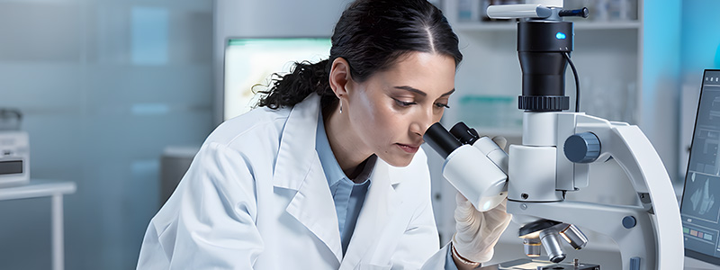 biomedical researcher using a microscope